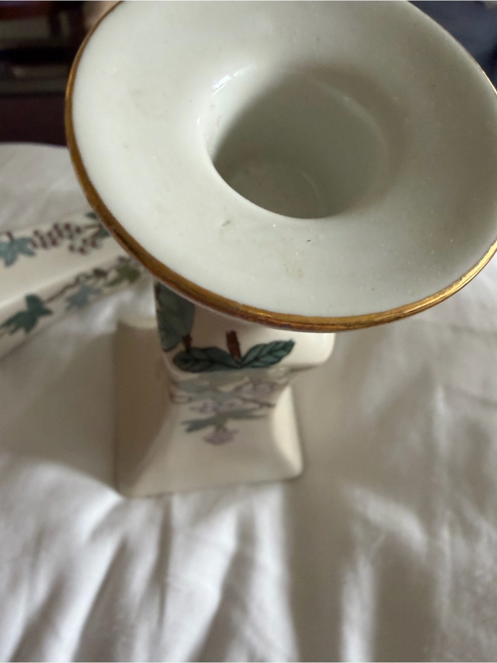 Porcelain Floral Candlestick with Gold Trim